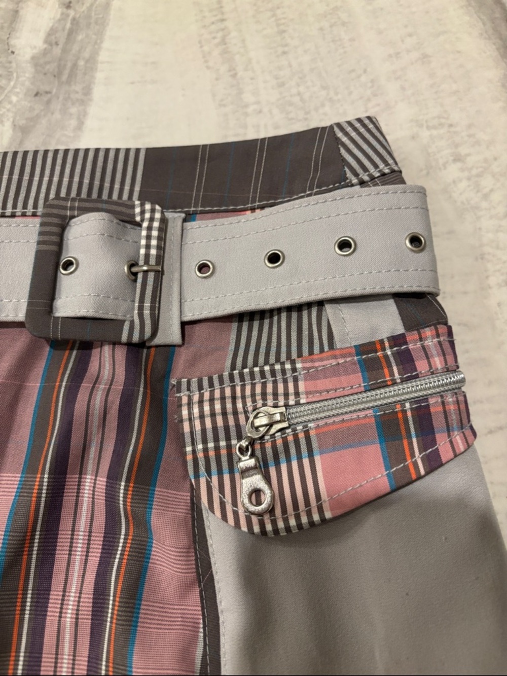 Light Gray Plaid Pocket Mini Skirt - Pink & Gray - Picture 7 of 11